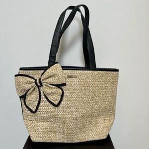 Kate Spade Belle Place Straw Tote Bag with Bow and Black Trim